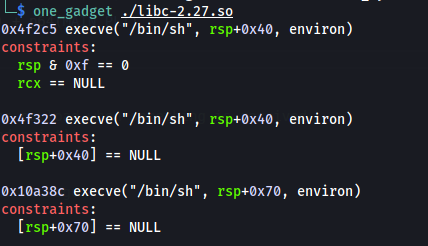One Gadget: However, normally there are some constrains, the most common ones and easy to avoid are like (rsp+0x30) == NULL As you control the values inside the RSP you just have to send...