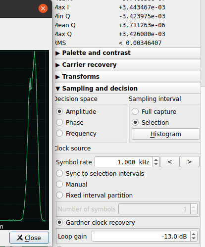 SigDigger amplitude histogram for FM signal showing a single amplitude level