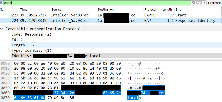 WPA Enterprise (MGT) - Username Capture: Inside the " Response, Identity " packet, the username of the client will appear
