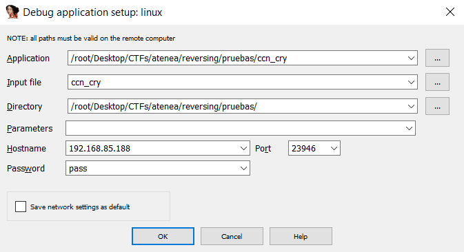 IDA - Debugging in remote linux: Then, configure the debugger: Debugger (linux remote) -- Proccess options