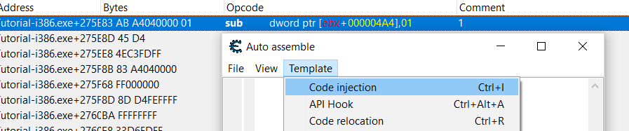 Random Memory Address - Finding the pointer - Code Injection: Then, click CTRL+a to invoke the Auto assemble window and select Template -- Code Injection