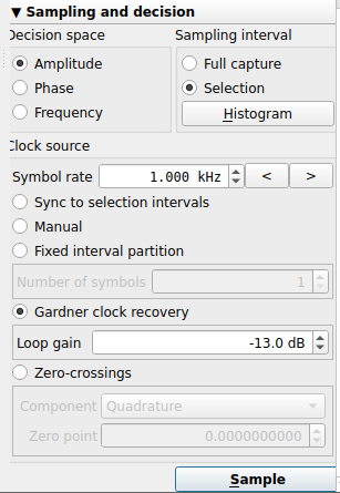 SigDigger Get Bits panel configured for AM sampling, symbol rate and Gardner clock recovery
