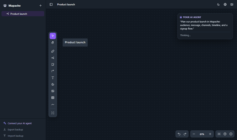 An AI agent builds a product launch board in Mapache: a mind map, sticky notes and a signup flowchart appear live