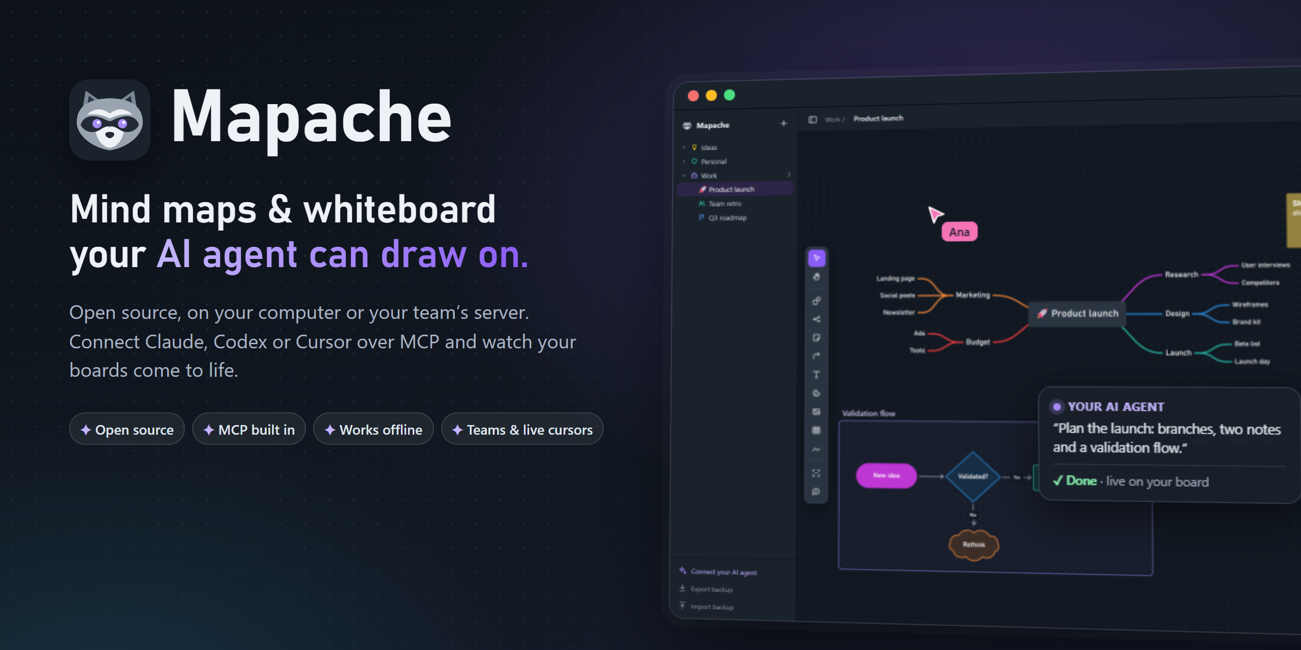 Mapache: mind maps and whiteboard your AI agent can draw on. Open source, MCP built in, works offline, teams and live cursors