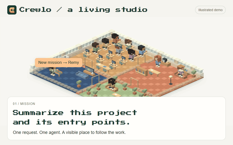 Animated Crewlo studio: a mission reaches Remy, his activity appears, then the reply opens