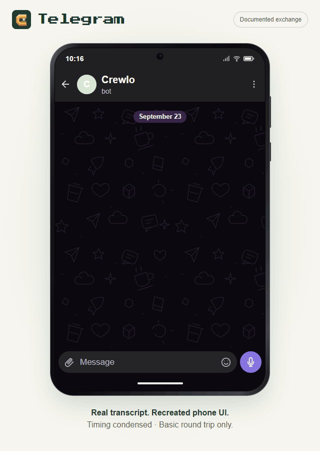 Animated Telegram phone: request, queue acknowledgement and Remy's documented greeting
