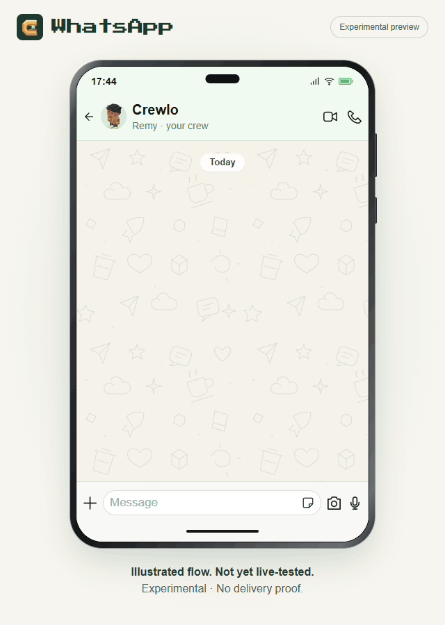 Animated WhatsApp phone with green outgoing bubbles and an illustrated agent reply; not yet live-tested