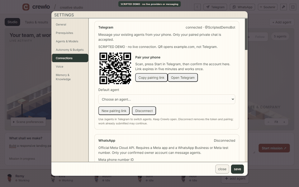 Scripted Telegram setup: pairing QR, desktop confirmation and default agent