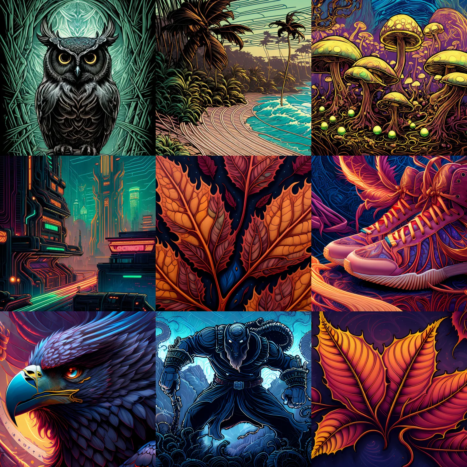 Example of images created using Dan Mumford Style model.