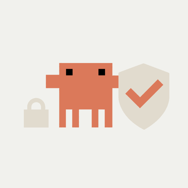Mascot standing between a padlock and a shield bearing a checkmark