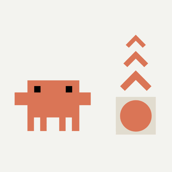 Mascot beside a launch button with three upward chevrons