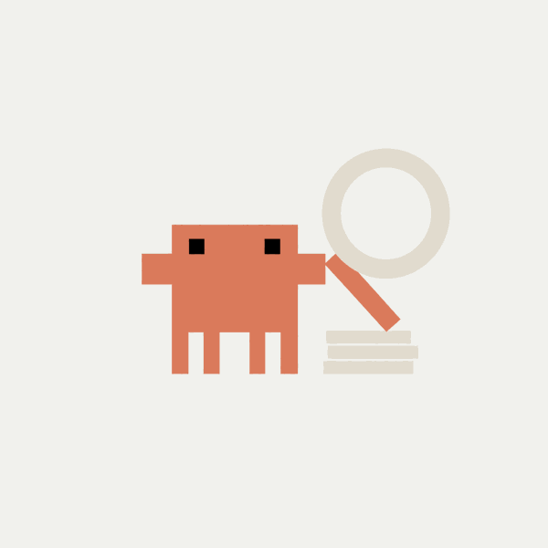 Mascot inspecting a stack of files with a magnifying glass