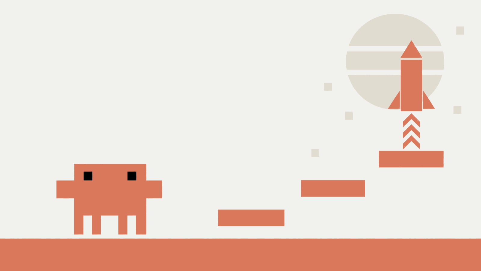 The Claude Code mascot standing on the ground beside a rising series of platforms, with a rocket lifting off toward a globe