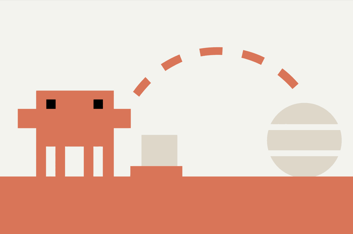 Mascot beside a small machine, with a dashed arc curving over to a globe