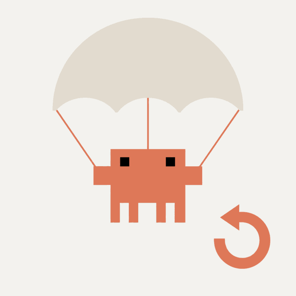 Mascot descending under a parachute beside an undo arrow