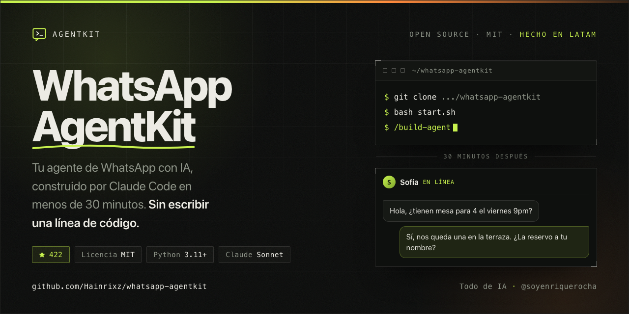 WhatsApp AgentKit — tu agente de WhatsApp con IA, construido por Claude Code