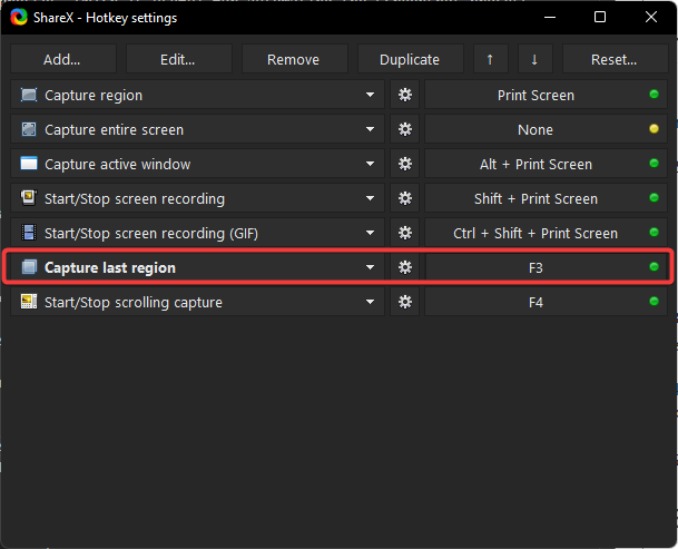 Capture last region hotkey on ShareX