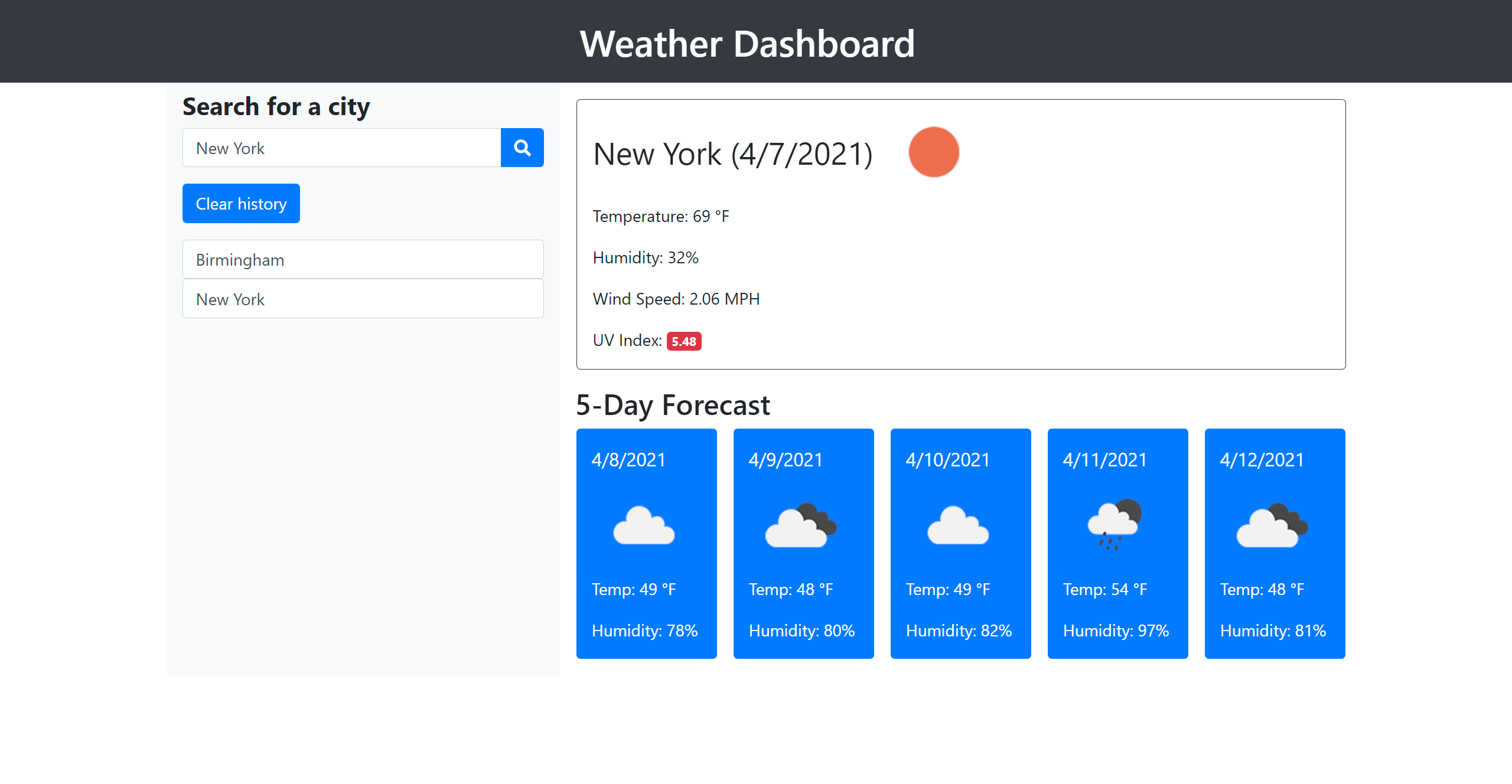 Screenshot of weather dashboard