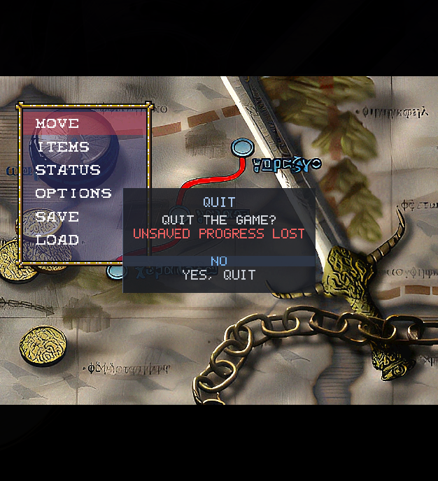 The in-game quit confirmation warns that unsaved progress will be lost and selects No by default