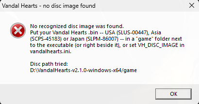 The missing-disc dialog explains which releases are supported and where to put the disc image