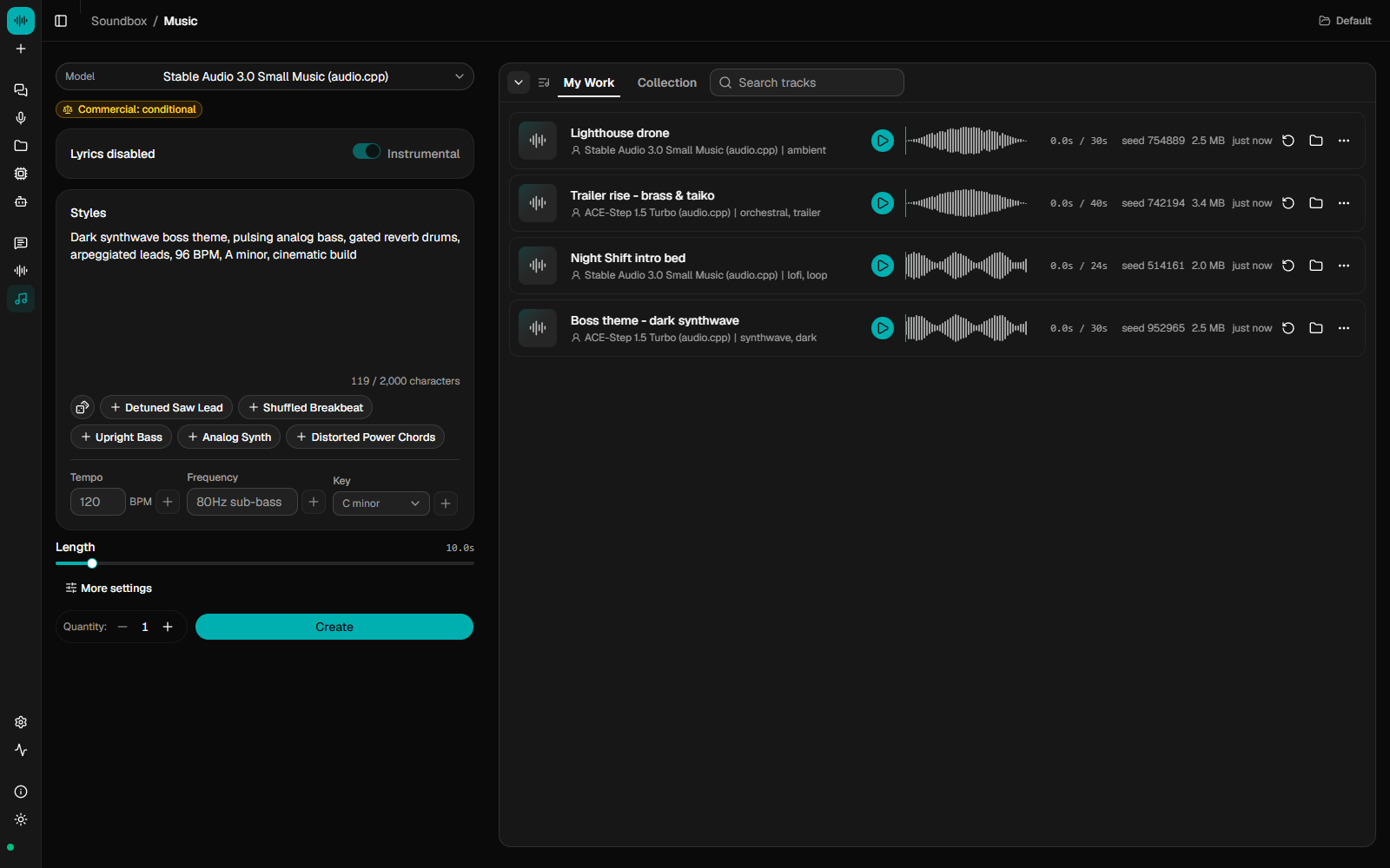 The Music page: a request form with model, licence, styles, tempo, key and length beside a shelf of generated takes