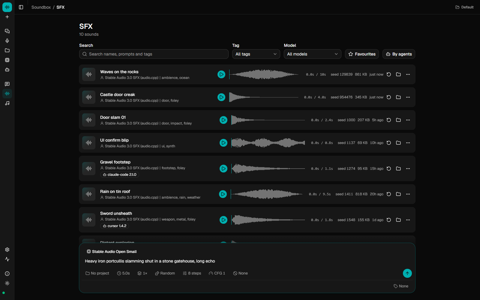 หน้าจอ Soundbox สำหรับสร้างและเลือกเสียงเอฟเฟกต์พร้อมรูปคลื่นเสียง