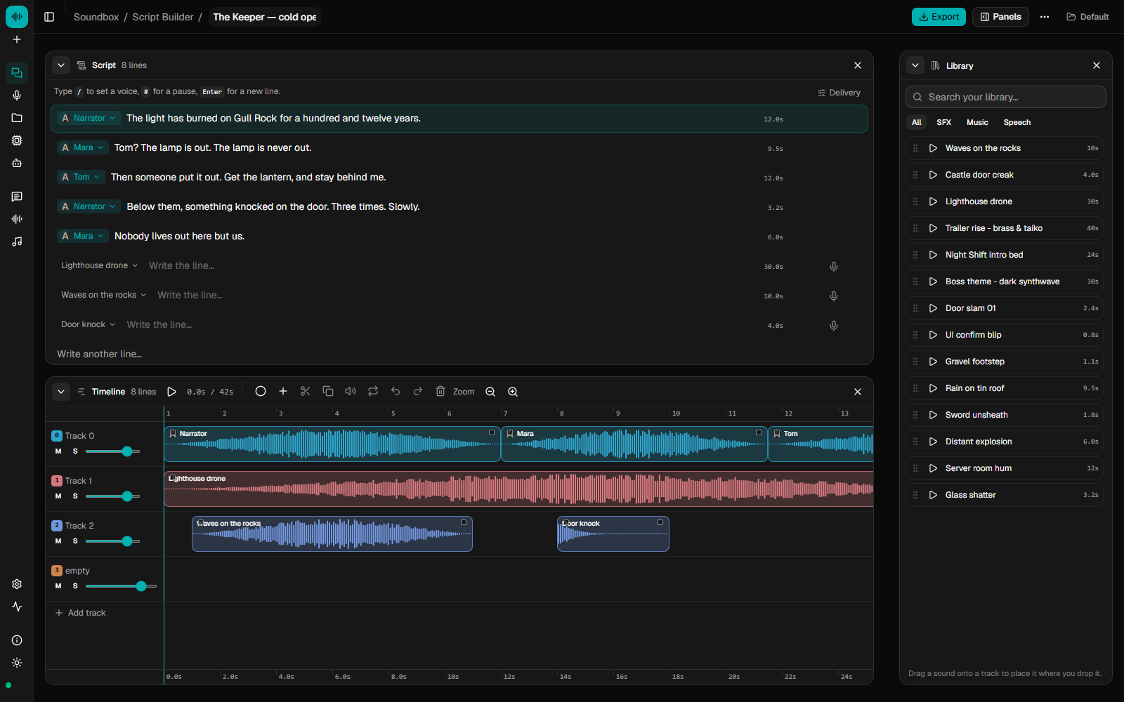 หน้าจอ Soundbox Studio ที่จัดเสียงพูด ดนตรีและเอฟเฟกต์บนไทม์ไลน์หลายแทร็ก