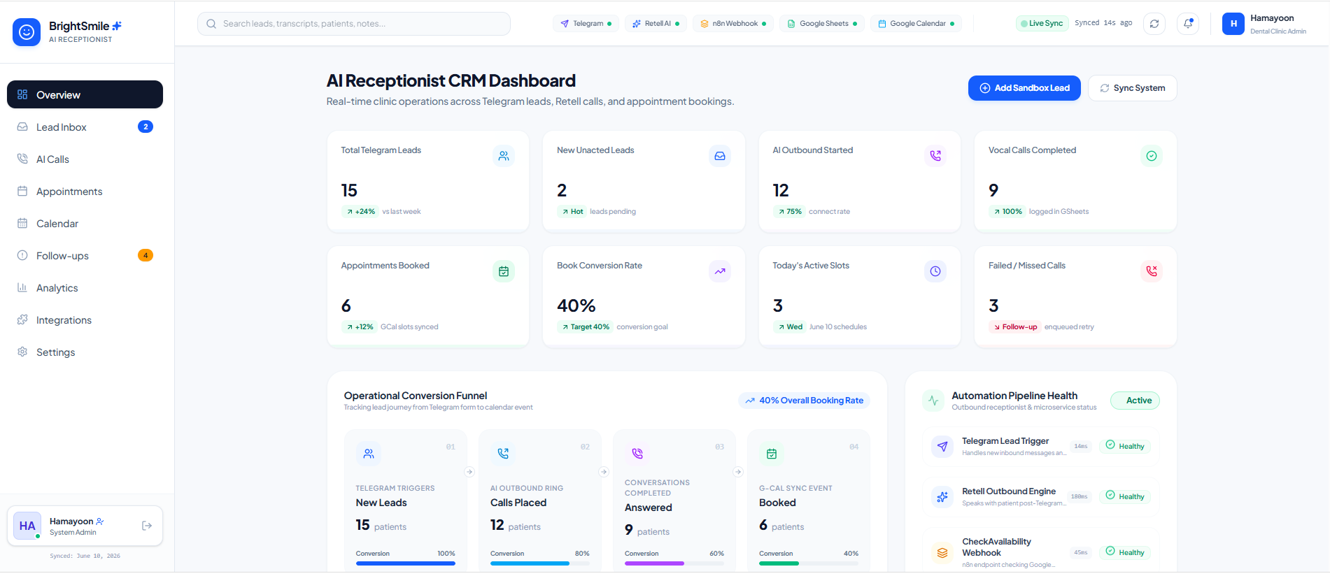 AI Dental Receptionist Dashboard Screenshot