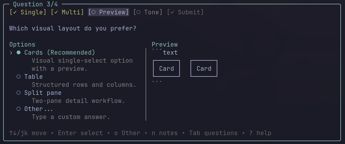 Single-select question with a side-by-side preview panel