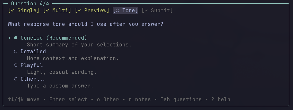 Question showing focused answer and completed question tabs