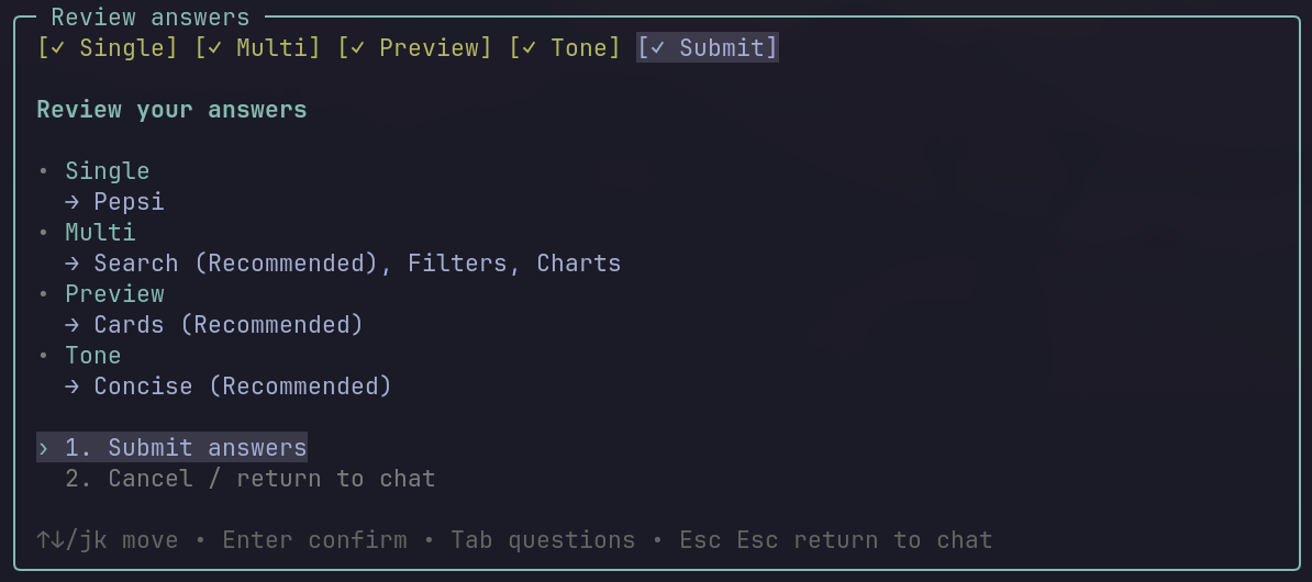 Review answers screen before submitting