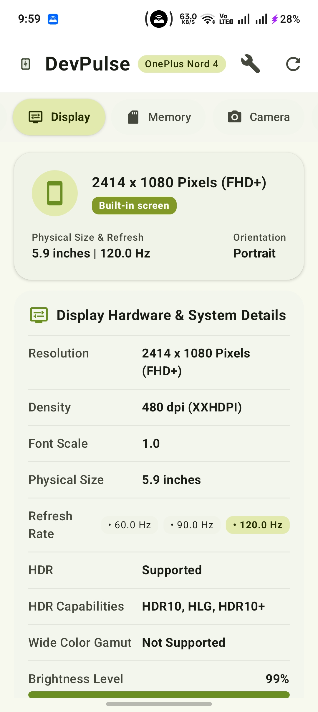 Display Specs Screen