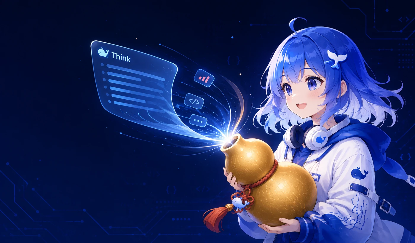 宣传图：鲸鱼娘用葫芦收起展开的 Think