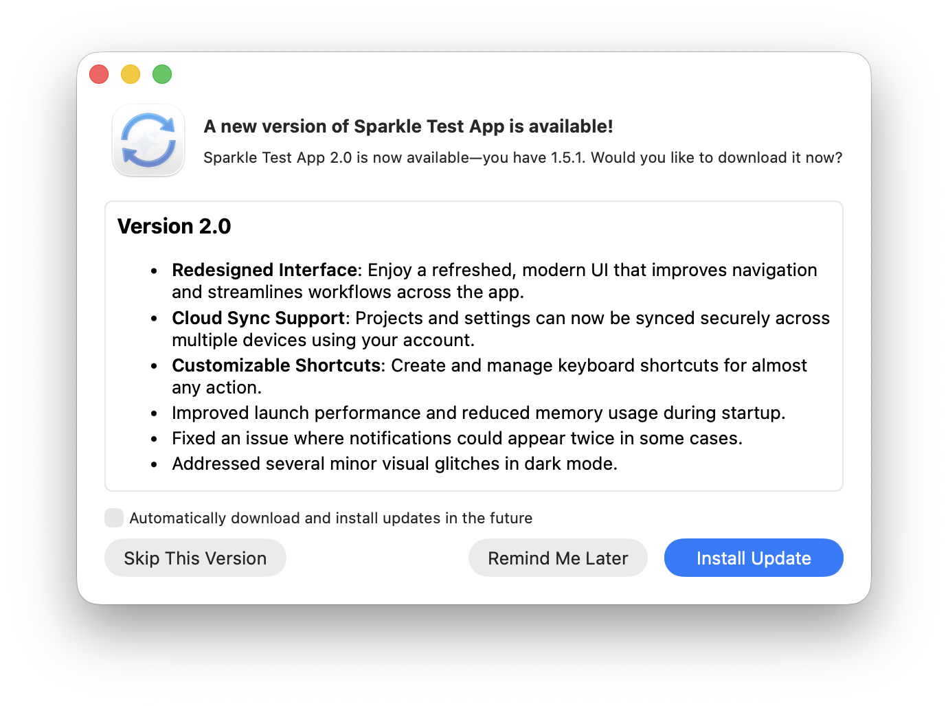 Sparkle shows familiar update window with release notes