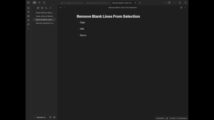 Removing blank lines from a text selection in the Obsidian editor