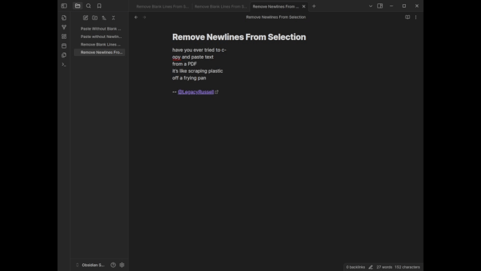 Removing newlines from a text selection in the Obsidian editor