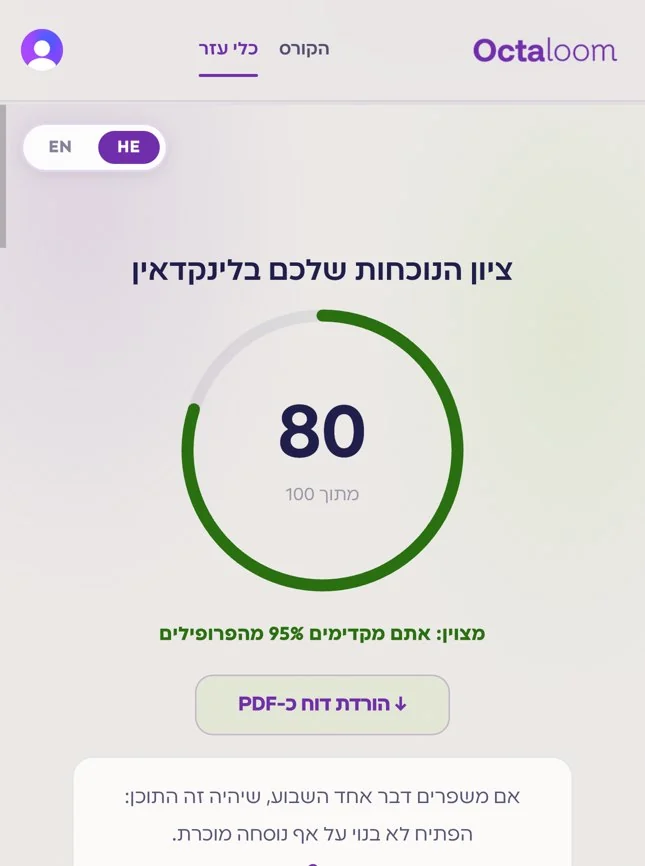 תוצאת סריקה בכלי LinkedIn Presence Score