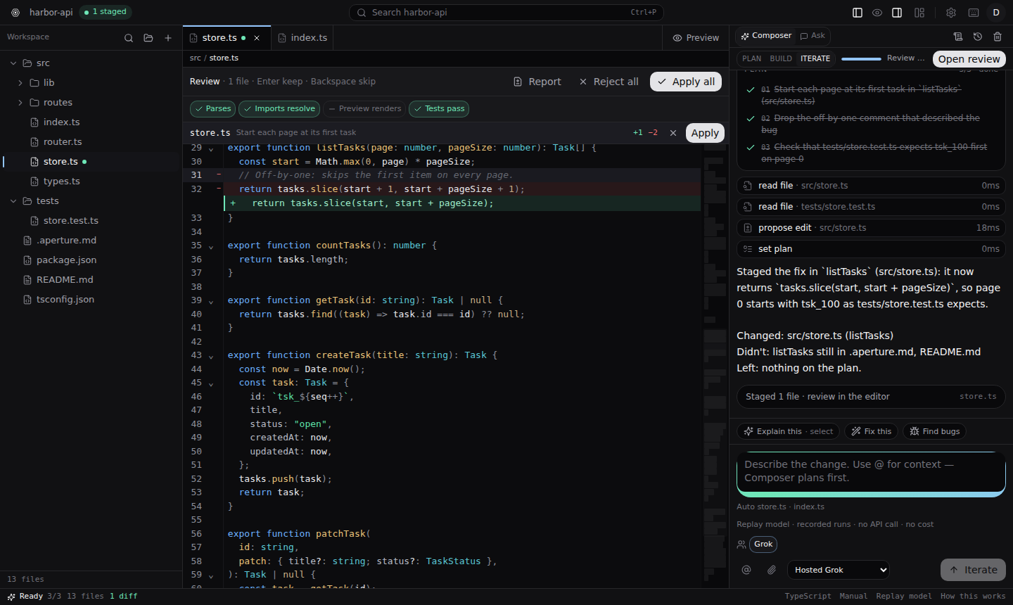 Aperture: a staged fix with its check results and Composer's plan