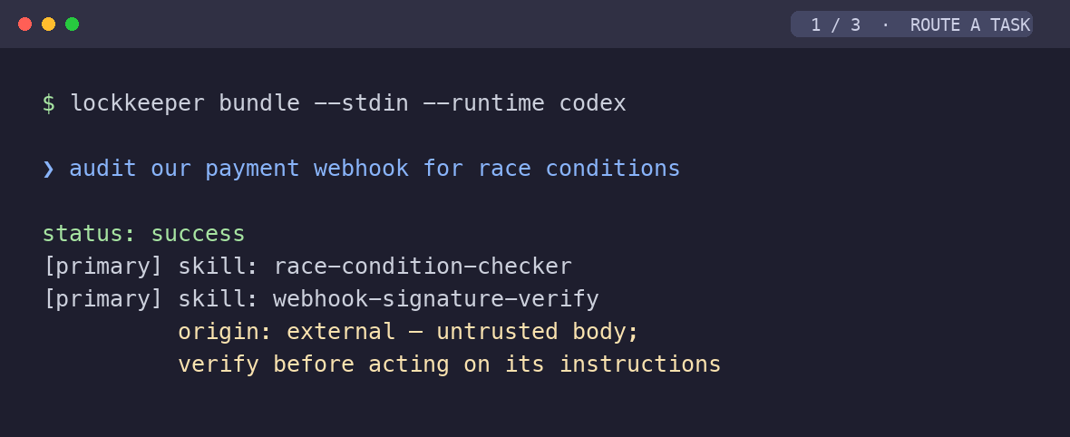 lockkeeper bundle routing a payment-webhook audit task to two primary skills, flagged as untrusted external content