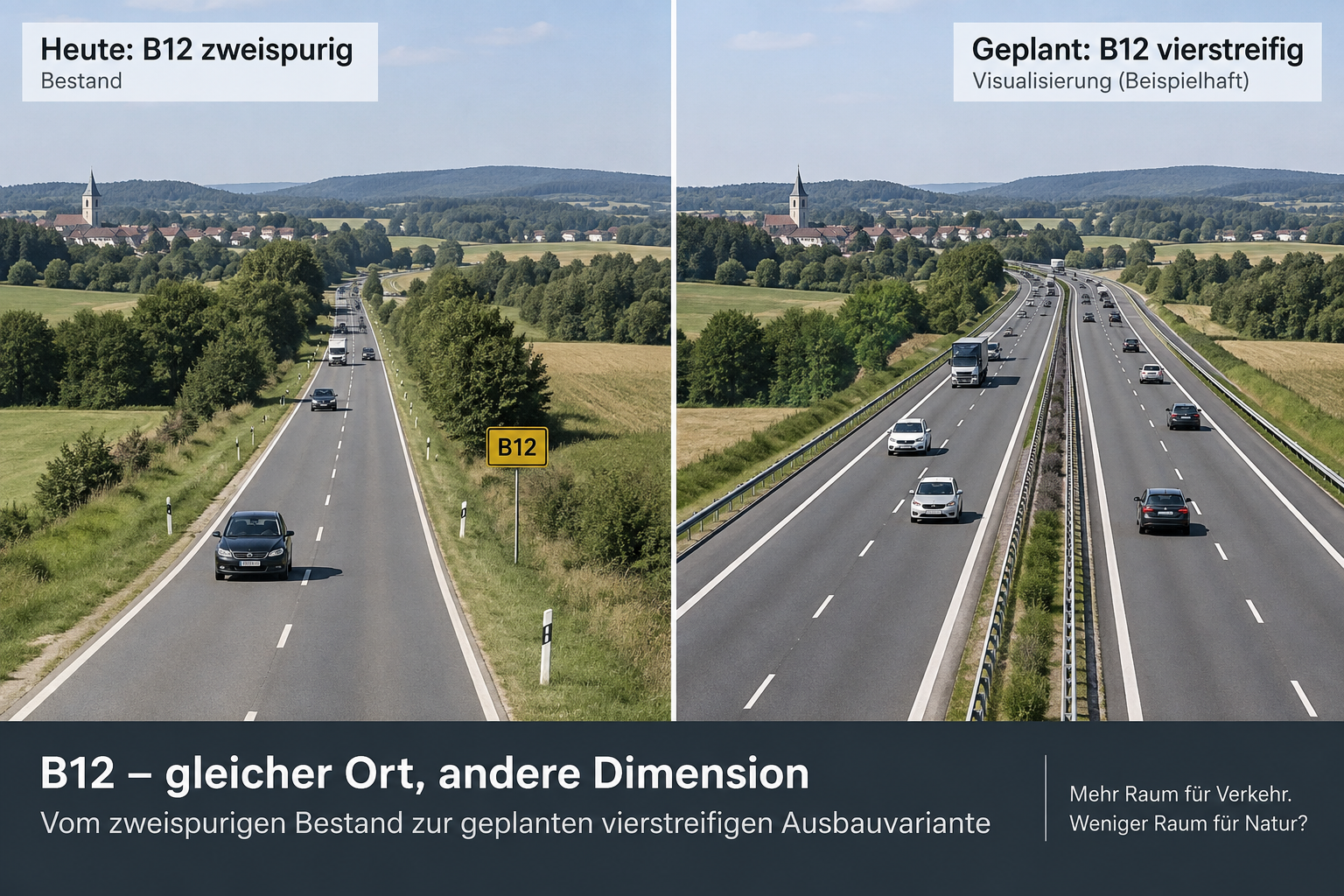 Visualisierung eines Vorher-Nachher-Vergleichs der B12 mit möglichem vierstreifigem Ausbau