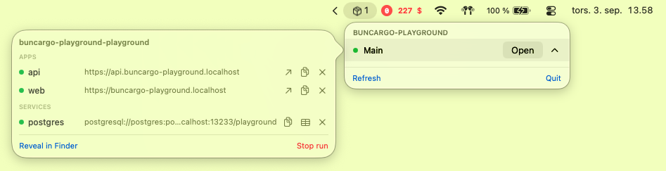 BuncargoBar showing a running project, its apps and services