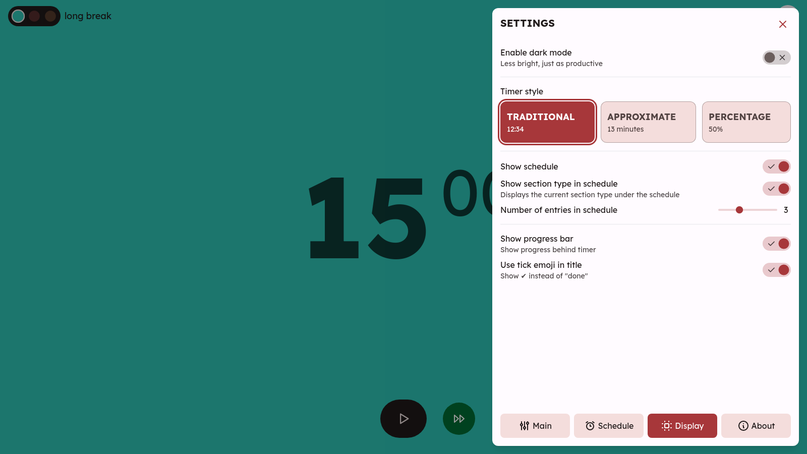 The display section of the settings panel