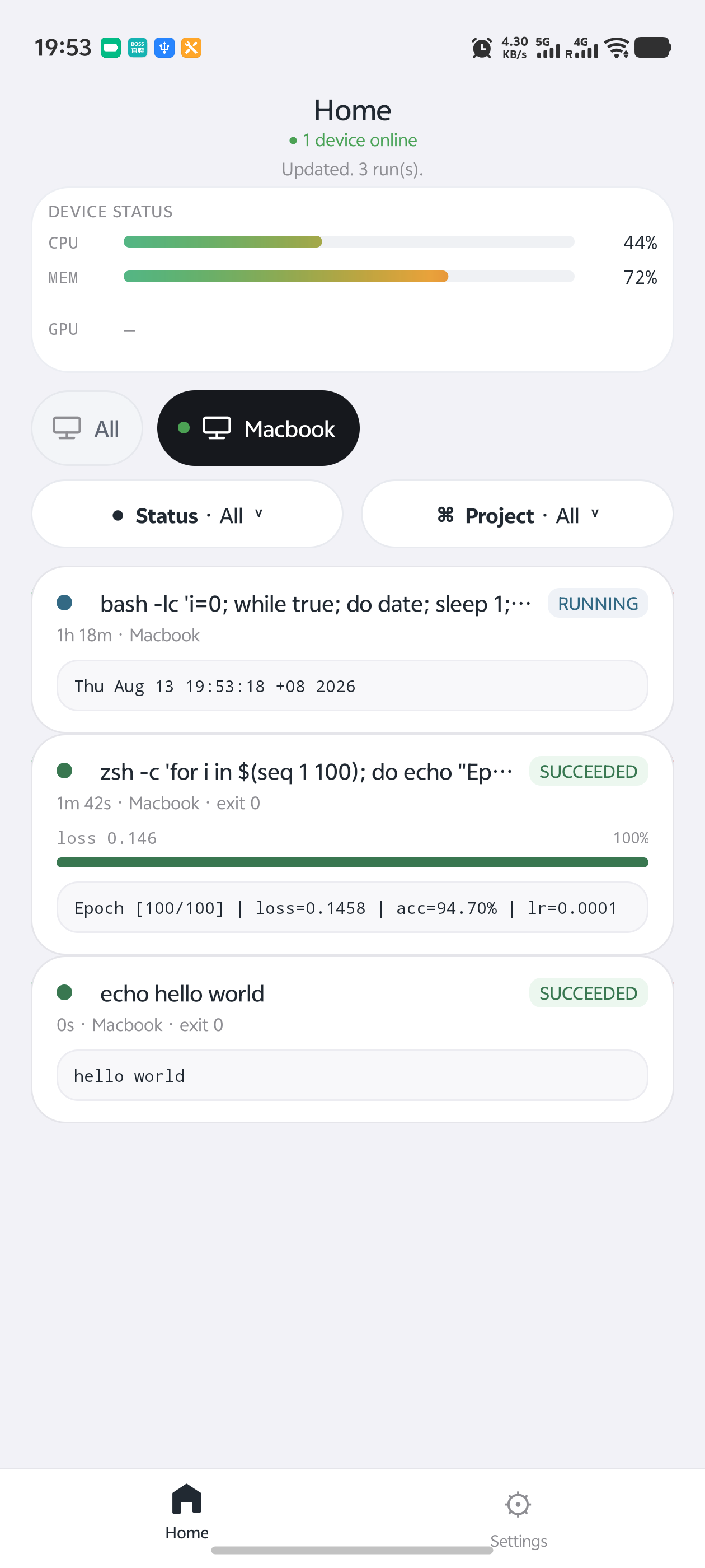 Run status and device overview