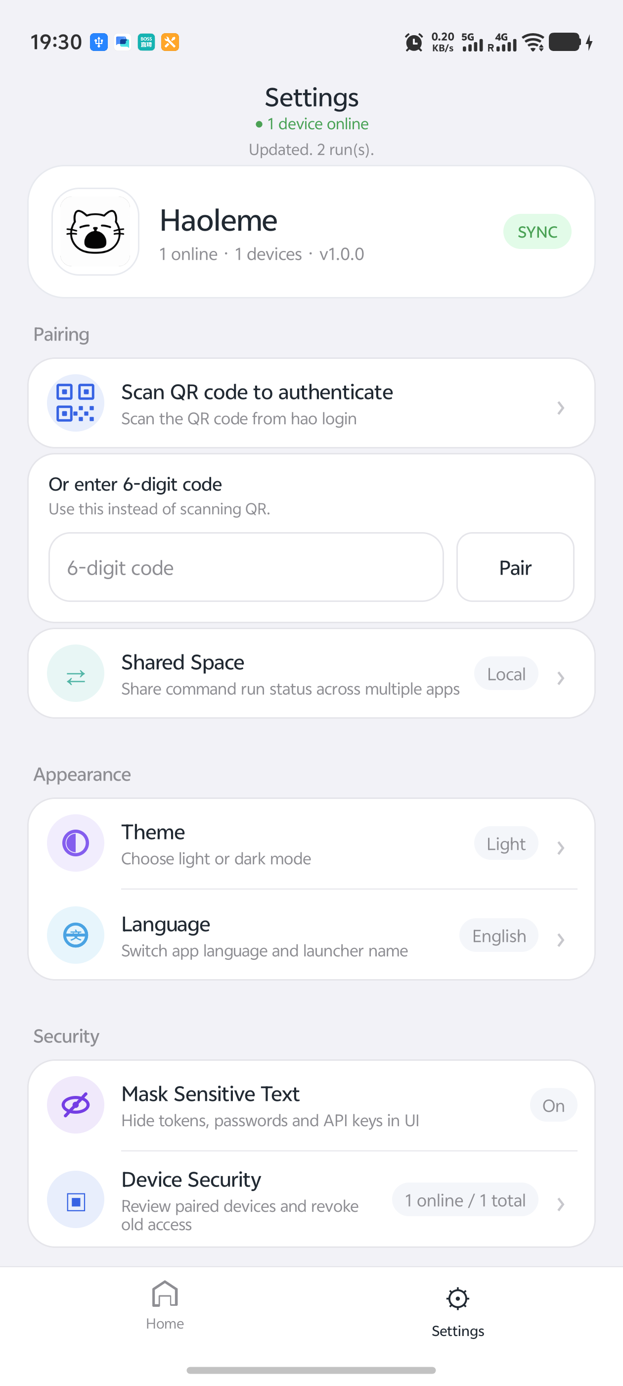 Pairing and settings