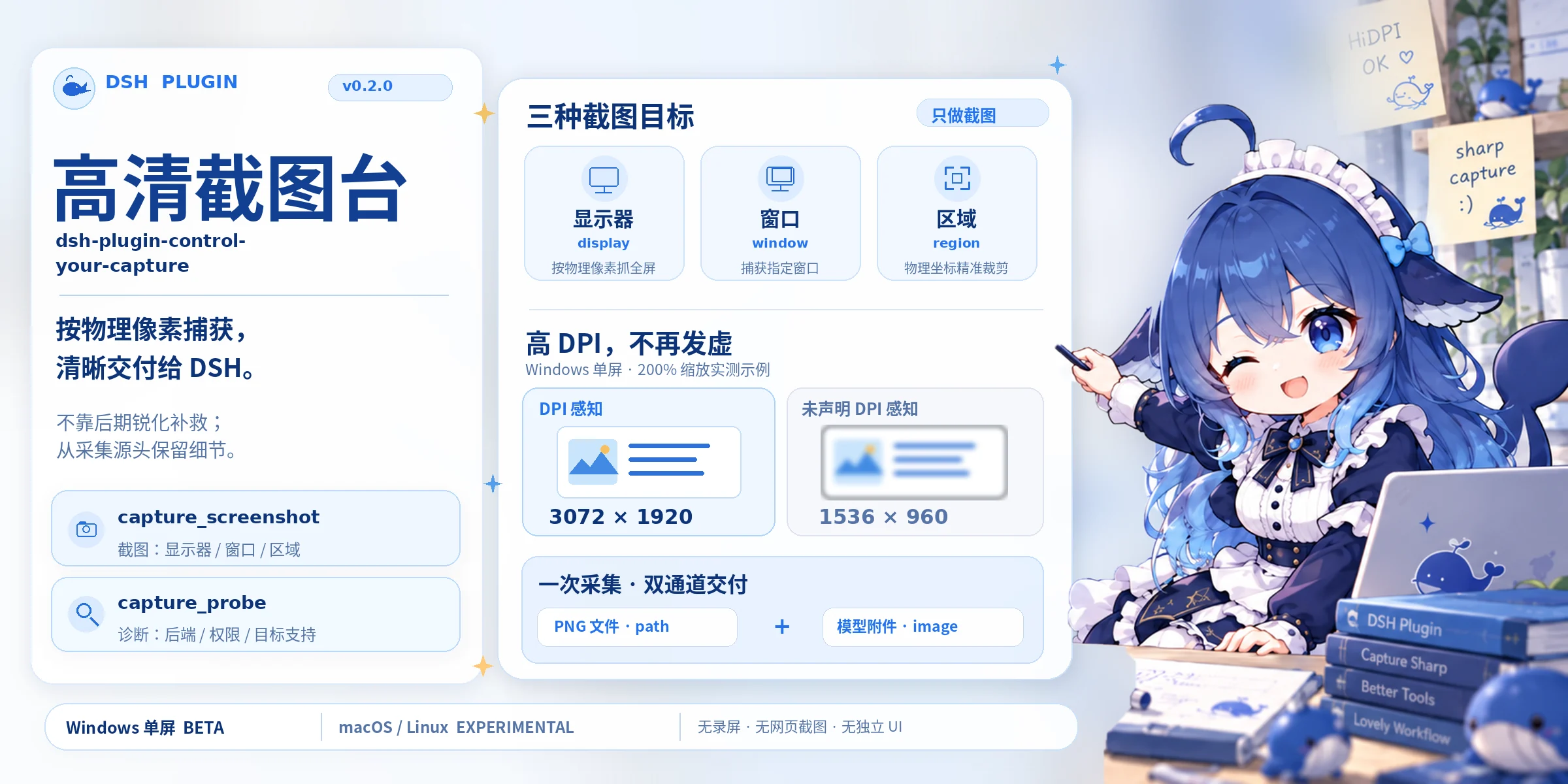 高清截图台：把 capture_screenshot 装进 DSH——按物理像素截显示器、窗口或区域，自带 probe 环境检测