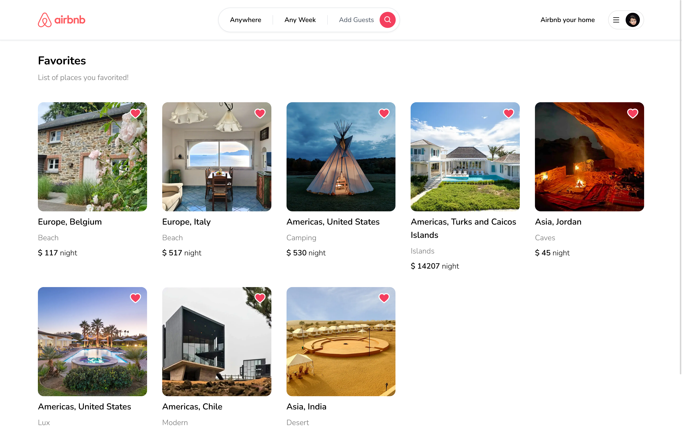 Airbnb clone favorite listing screen | haptichash