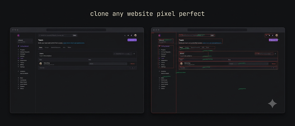 Original, clone, and measured diff of Doppler's Team page