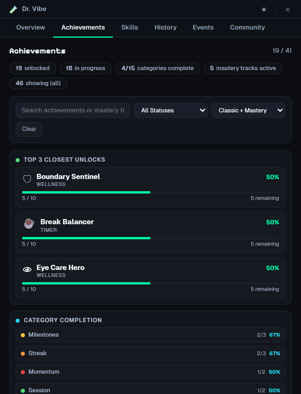 Dashboard achievements tab with the closest unlocks