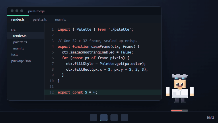 Dr. Vibe beside a code editor: he codes along, comments on a hotspot file, then celebrates a commit while the heat bar turns red