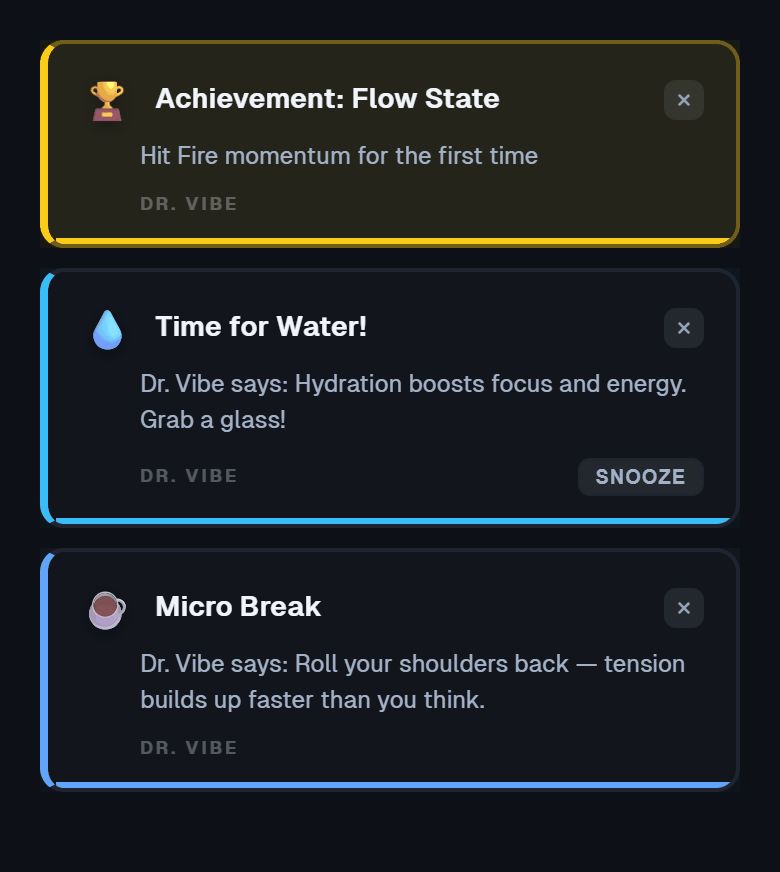 Achievement, hydration and break notifications